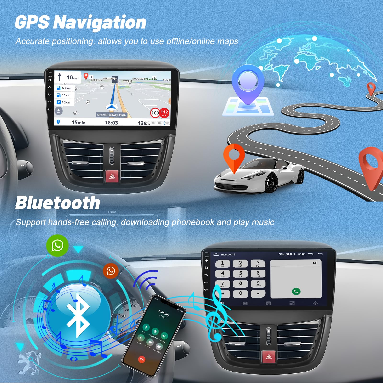 [2+64GB] Android Autoradio pour Peugeot 207 2006-2015, Autoradio 9 Pouces avec Écran Tactile, CarPlay & Android Auto, WiFi, GPS, Radio FM RDS, Caméra de Recul