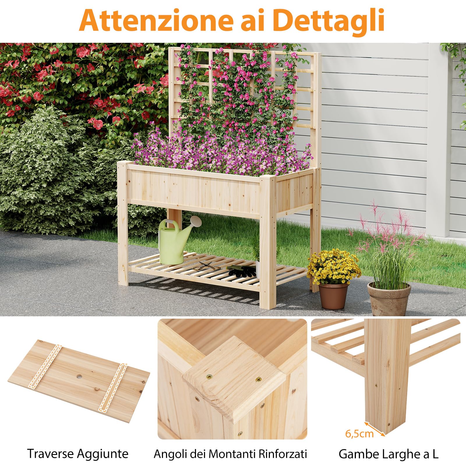 COSTWAY Letto da Giardino Rialzato, Fioriera Elevata con Traliccio, Mensola di Stoccaggio e Fori di Drenaggio, Orto Rialzato per Cortile, Giardino e Patio, 116 x 59 x 150 cm (Naturale)