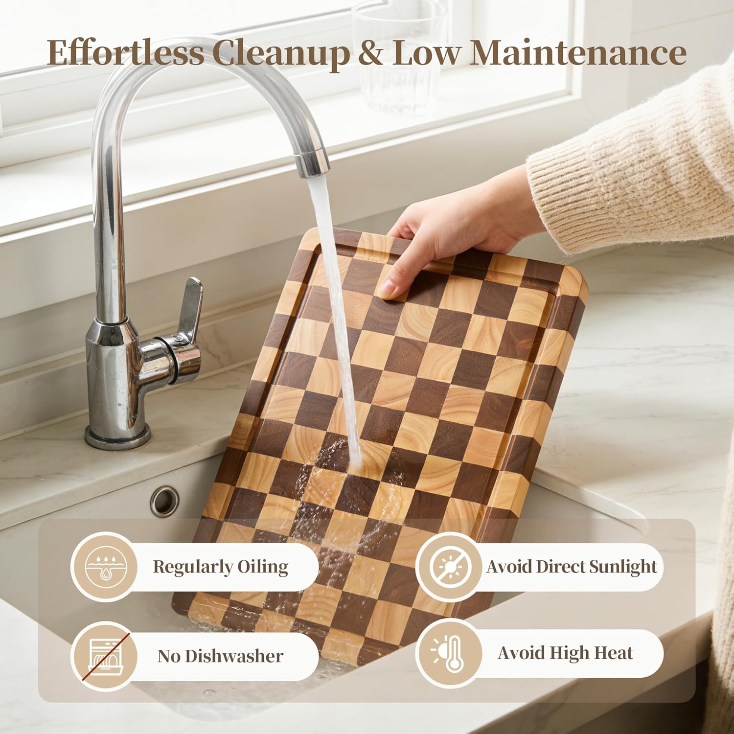 Checkered Cutting Board Set for Kitchen - 3 PCS Solid Wood End Grain Checkerboard Chopping Board with Holder & Juice Groove, Wooden Cutting Boards for Meat, Vegetables, Fruits (S, M, L)