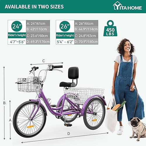 Miniatura 16 de YITAHOME Triciclo para adultos, bicicletas de 3 ruedas de 24 y 26 pulgadas, bicicleta de triciclo de 1 velocidad para adultos con cestas extraíbles