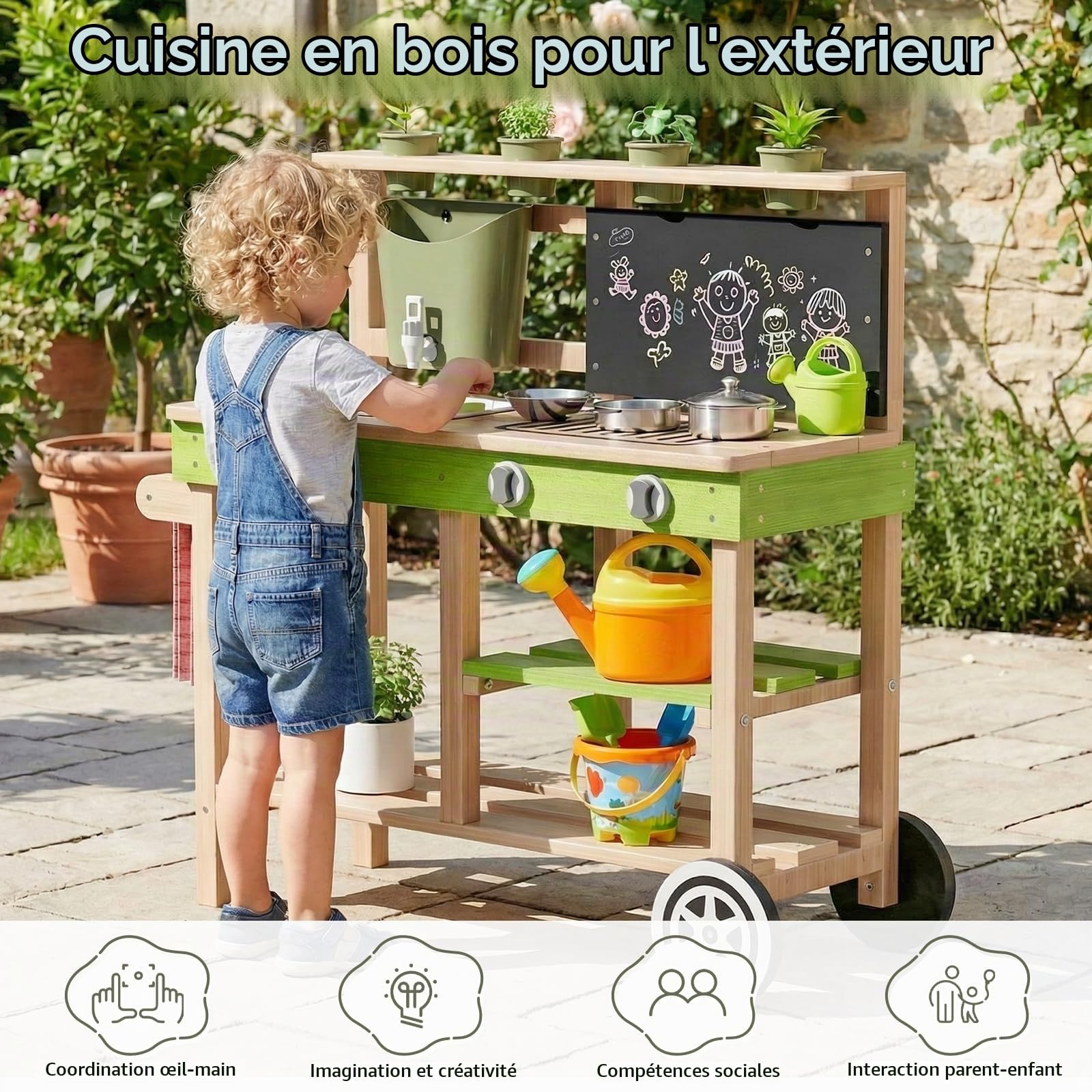 MAMIZO Cuisine Enfant Extérieure en Bois, Jardin Cuisine Jouet avec Roues, Robinet Fonctionnel, 4PCS Jardinières, Tableau, Étagères et évier, 88,5x33,5x85 cm, pour Les Enfants de 3 à 8 Ans