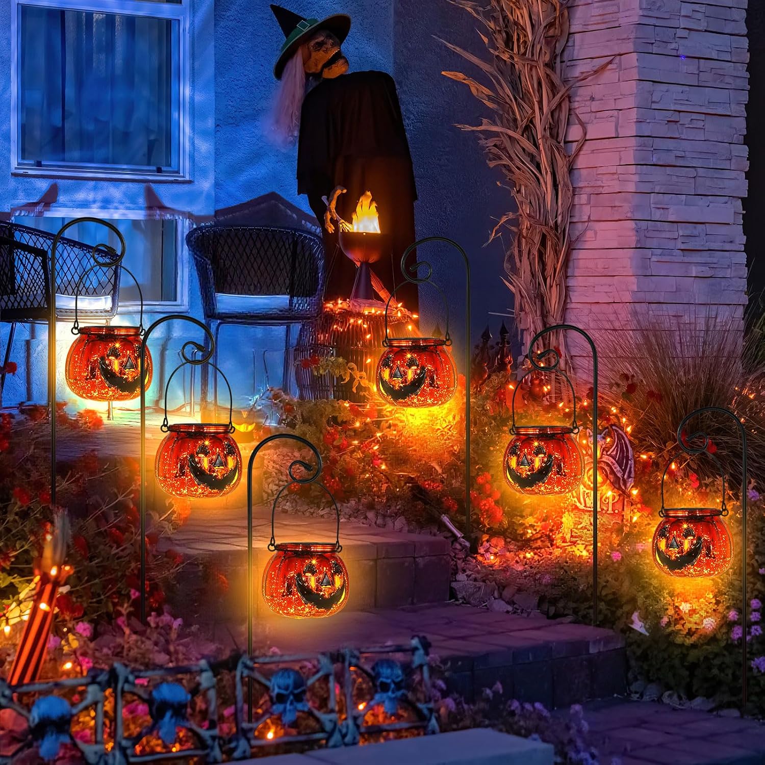 47 Inch 6 Pcs Solar Pathway Light, Halloween Jack O Lantern Decor | Jack O Lantern Cracked Glass, Solar Powered LED Stakes for Pathway Driveway Garden, Halloween Outdoor Decor, No Wiring