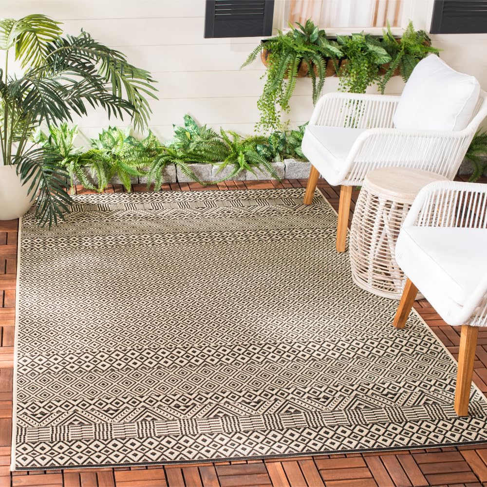 SAFAVIEH Washable Rug Outdoor Courtyard Collection - 6'7" x 9'6", Beige & Black, Non-Shedding & Easy Cleaning, Ideal for Patio, Backyard, Mudroom (