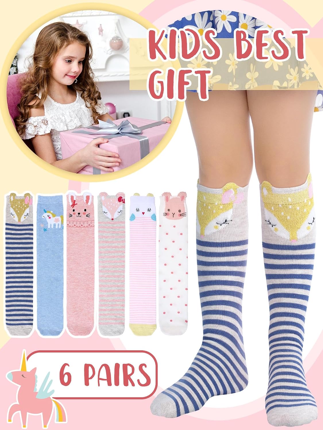 Fourluoo 6 Pairs Girls Knee High Socks