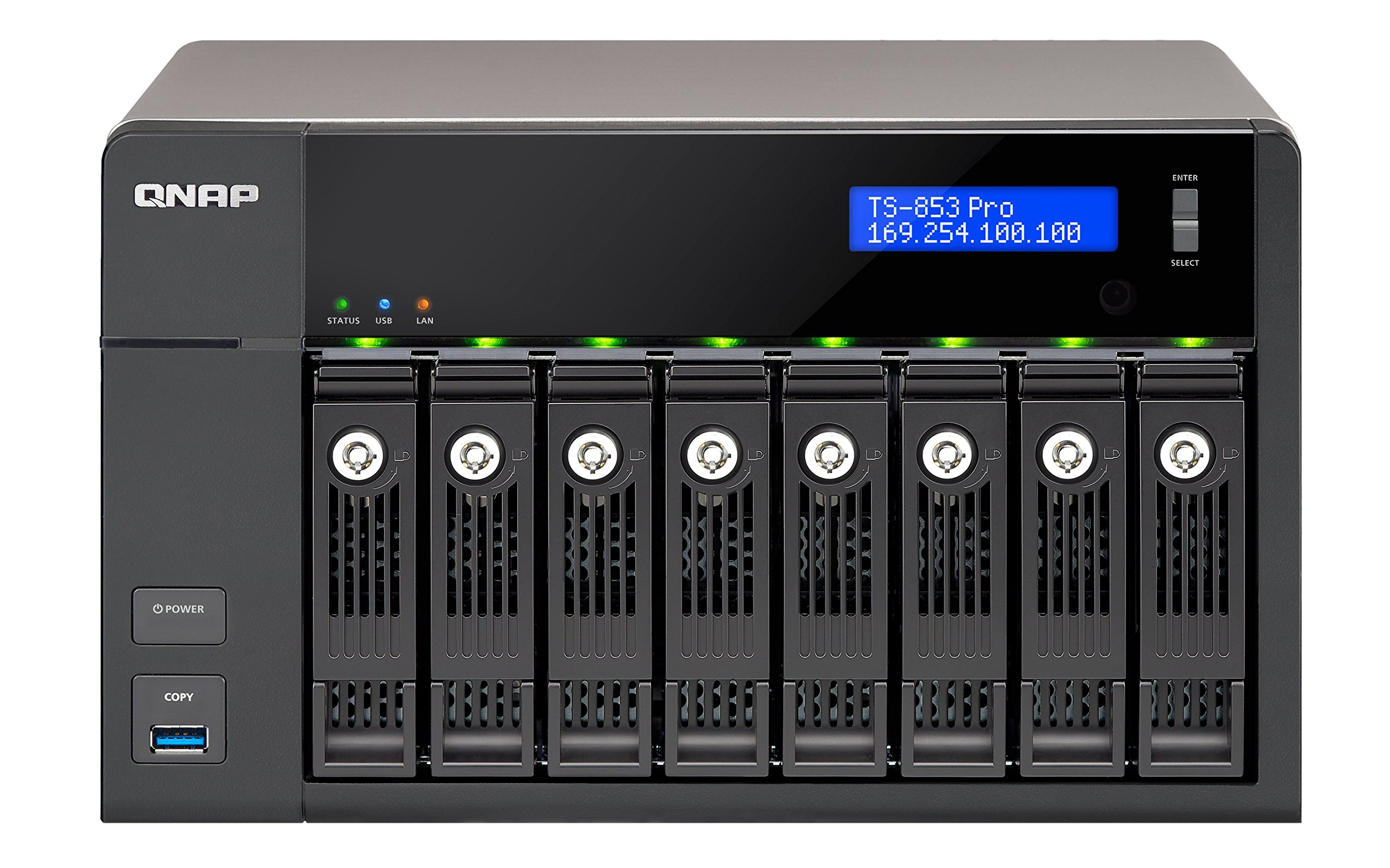 QNAP TS-853 Pro - Serveur de Stockage en Réseau NAS pour 8 Disques Durs, Processeur Quad Core Intel Celeron 2.0GHz, 2Go RAM Extensible, 4 Ports Gbe LAN, USB 3.0, HDMI, Châssis Vide