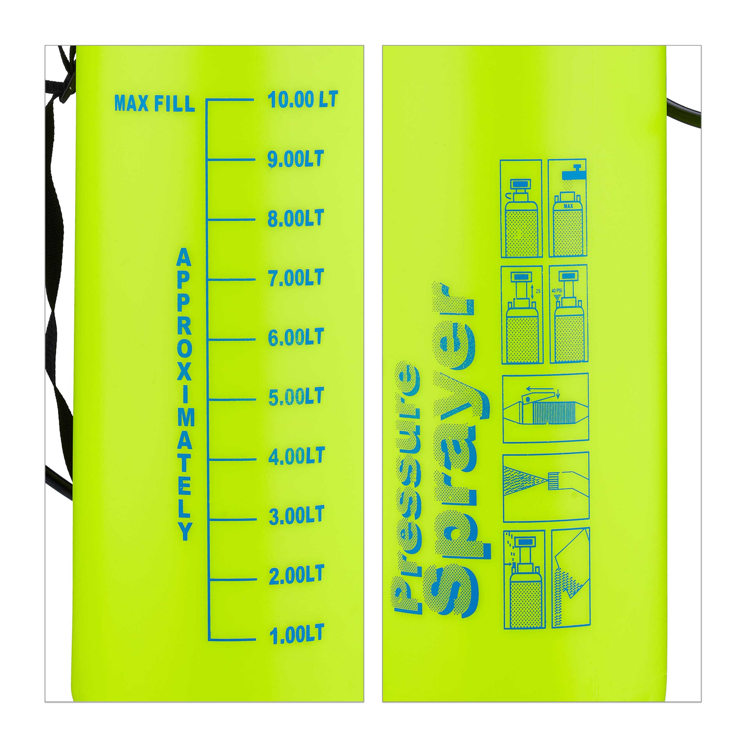 Relaxdays Drucksprüher, 10 l, verstellbare Düse & Skalierung, Bewässerung & Pflanzenschutz, Pumpsprühgerät, gelb-blau