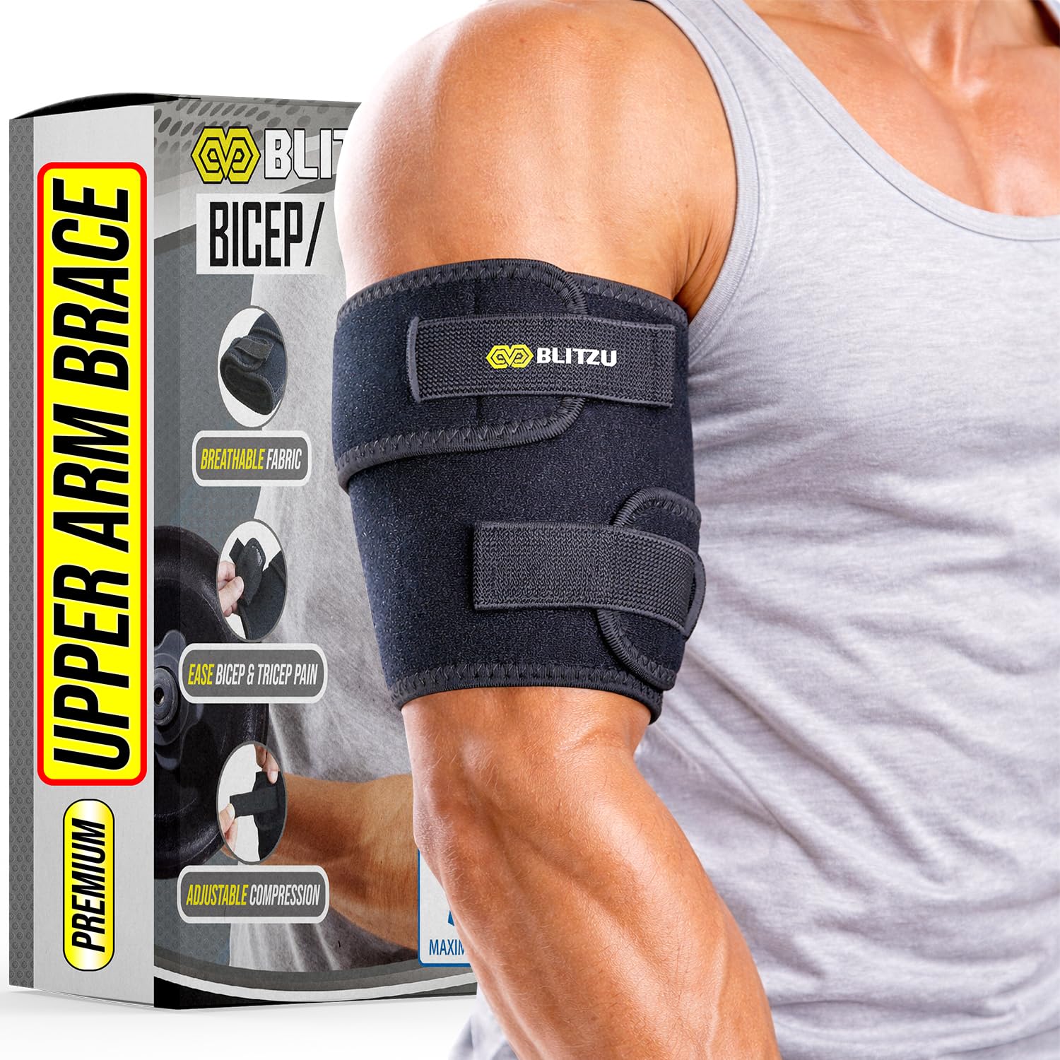 BLITZU Bicep Tendonitis Brace, Upper Arm Wrap, Tricep Compression Sleeve Support Bands for Men and Women with 2 Adjustable Straps, Pain Relief for