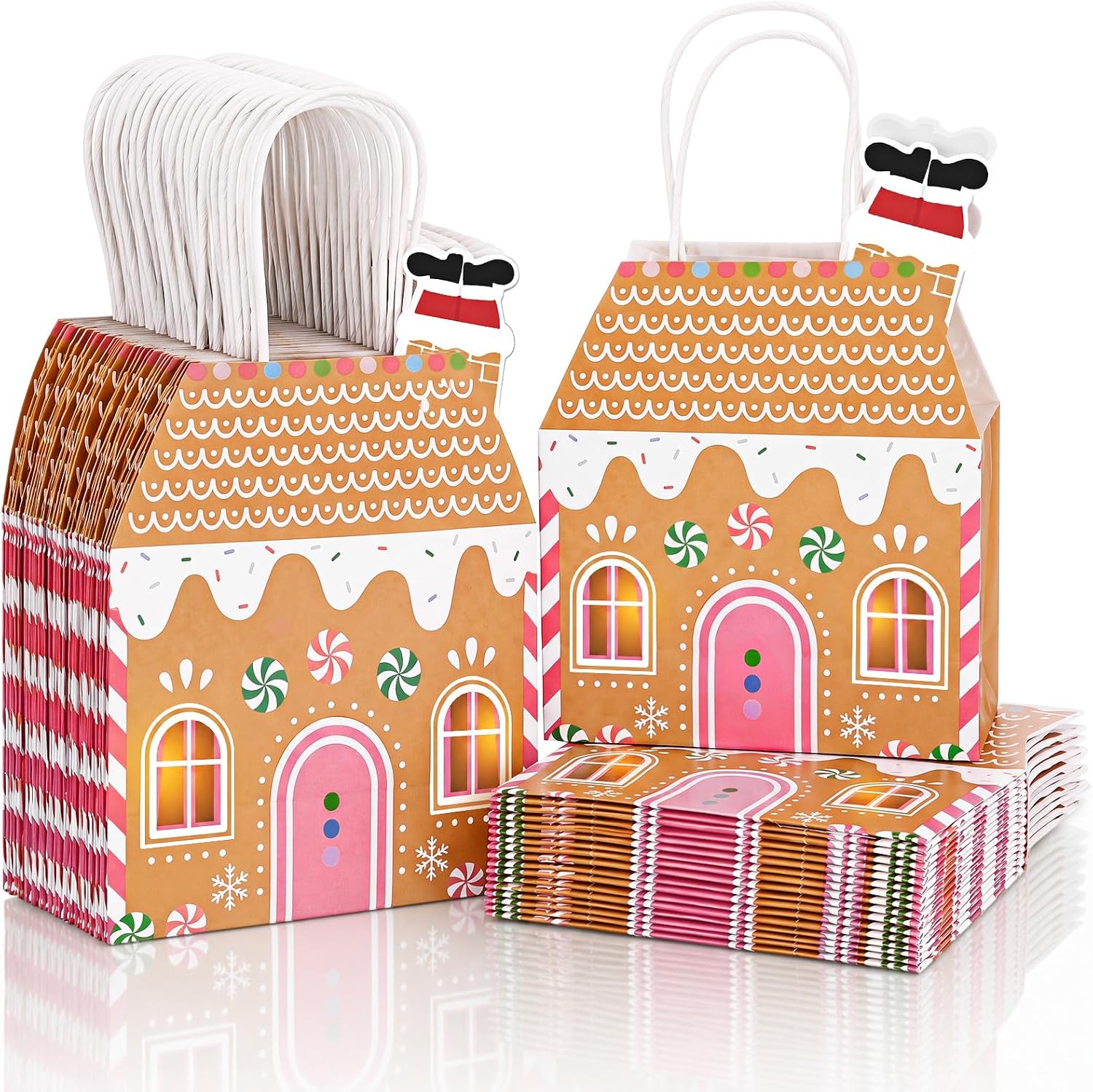 Colarr 24 Pcs Christmas Gingerbread House Gift Bags, with Handles, Pink