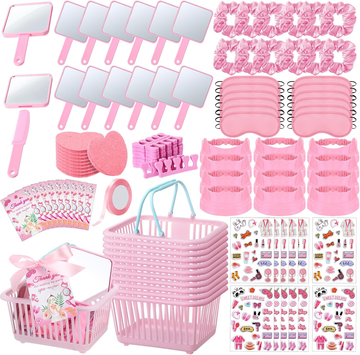 121 Pcs Spa Party Favors Women Spa Sleepover Party Supplies Include Basket Eye Mask Facial Sponge Mirror Comb Hair Circle Headband Toe Separator Stickers Card Ribbon Female Gift(Pink)
