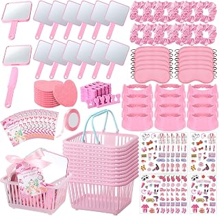 121 Pcs Spa Party Favors for Girls Spa Sleepover Party Supplies Include Basket Eye Mask Facial Sponge Mirror Comb Hair Circle Headband Toe Separator Stickers Card Ribbon Gift Women(Pink)