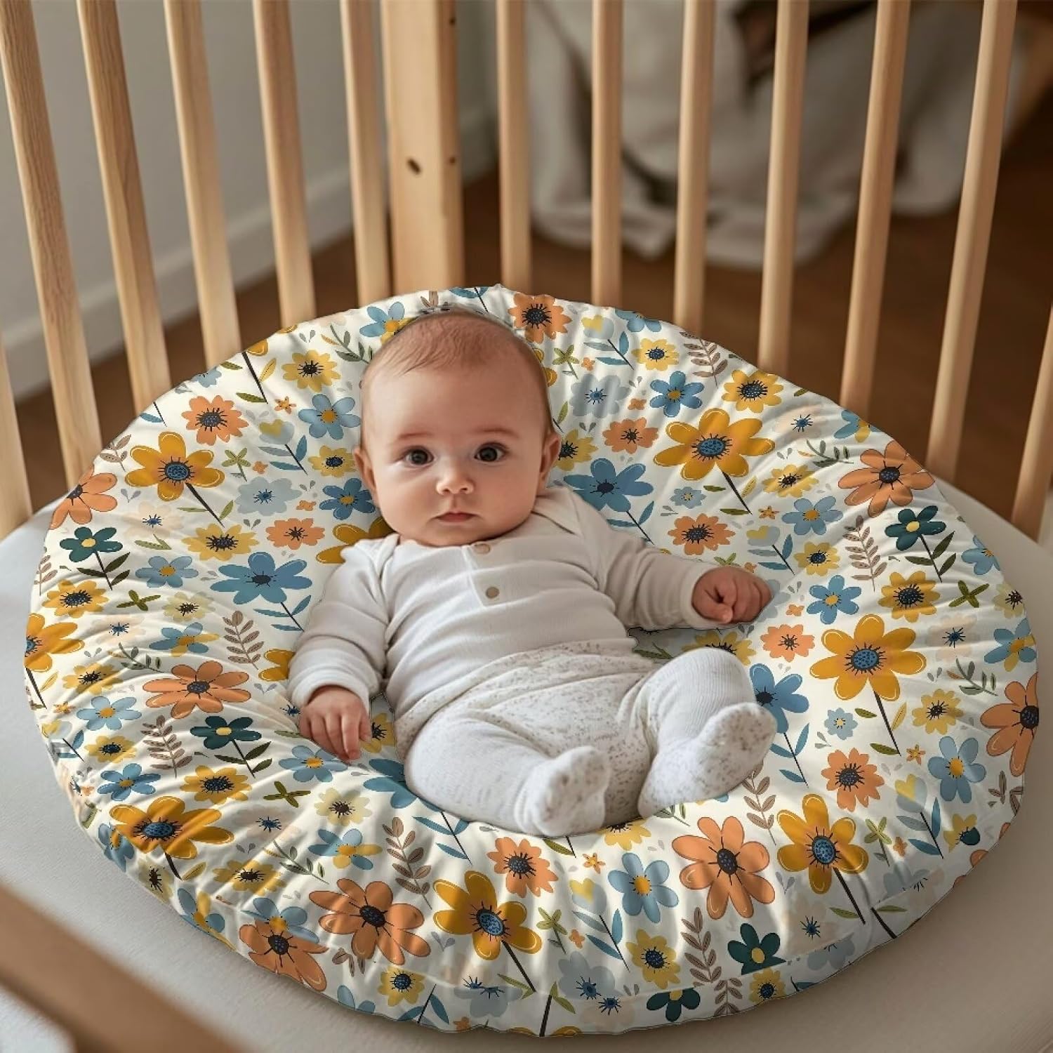 2 Pcs Fall Groovy Hippie Flower Newborn Lounger Cover Neutral, Removable Portable Infant Lounger Baby Floor Seat Cover Ultra Soft Sung Fitted Baby Lounger Slipcover