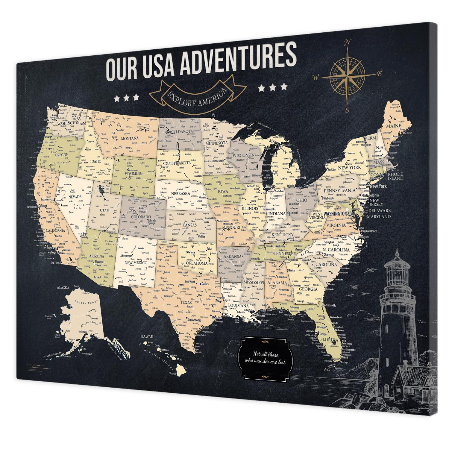IPIC Vintage US Travel Map with Pins, USA Map Pin Board, Size 40x30 in