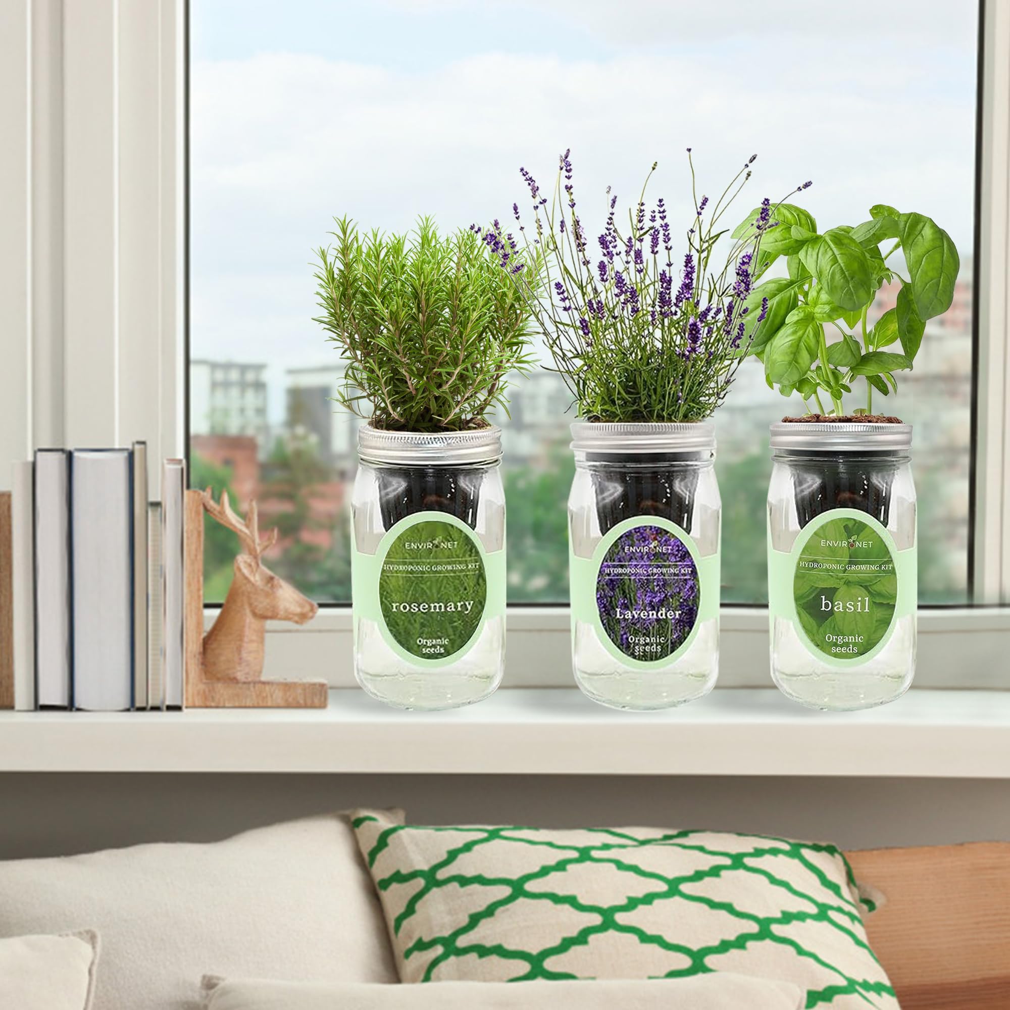 Environet Hydroponic Herb Growing Kit Set, Self-Watering Mason Jar Herb Garden Starter Kit Indoor, Windowsill Herbs Garden, Grow Your Own Herbs from Organic Seeds (Rosemary, Lavender, Oregano): Lavender, Rosemary & Basil