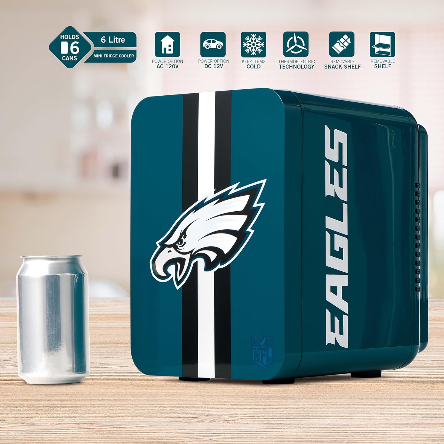 Ukonic NFL Philadelphia Eagles 6-Can Mini Fridge – 4L Thermoelectric Cooler, AC/DC Powered, Portable, Team Logo, for Home, Car, Tailgates & Travel