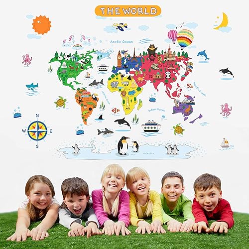 Miniatura 3 de Calcomanías de pared extraíbles de dibujos animados de animales con mapa del mundo, grandes monumentos educativos de animales, mapa del mundo