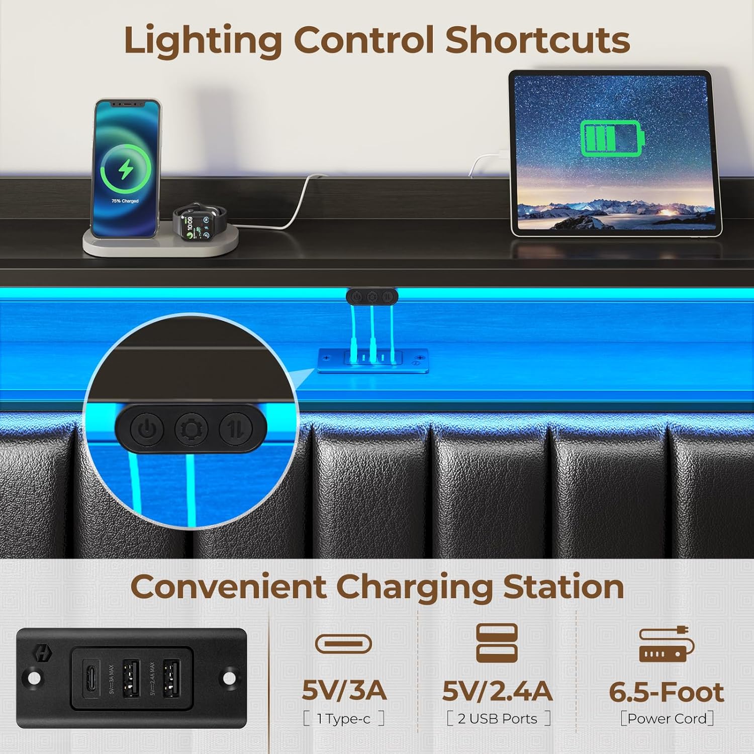 Rolanstar Headboard for Twin Size Bed with Storage, 60,000 DIY Color of LED Light, Head Board with USB & Type C Port, Height Adjustable, Black Upholstered Cabeceras de Cama Comfortable Modern, Leather