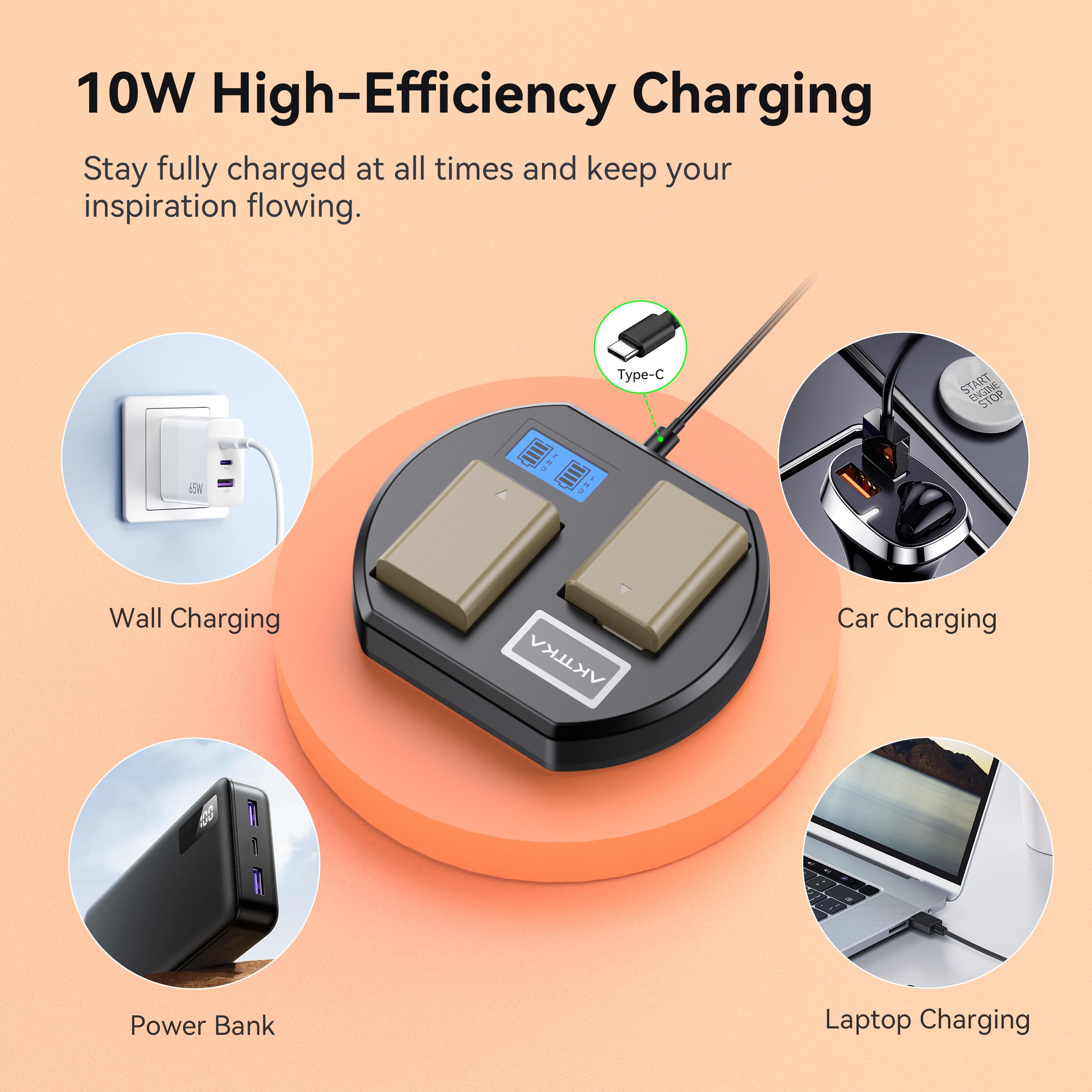 Batteries NP-FW50 1800mAh Lot de 2 + Chargeur Rapide 10W USB-C – Compatibles avec Sony Alpha A6000 A6300 A6400 A6500 ZV-E10 A7 II A7R II A7S II RX10 II III IV NEX-5/6/7