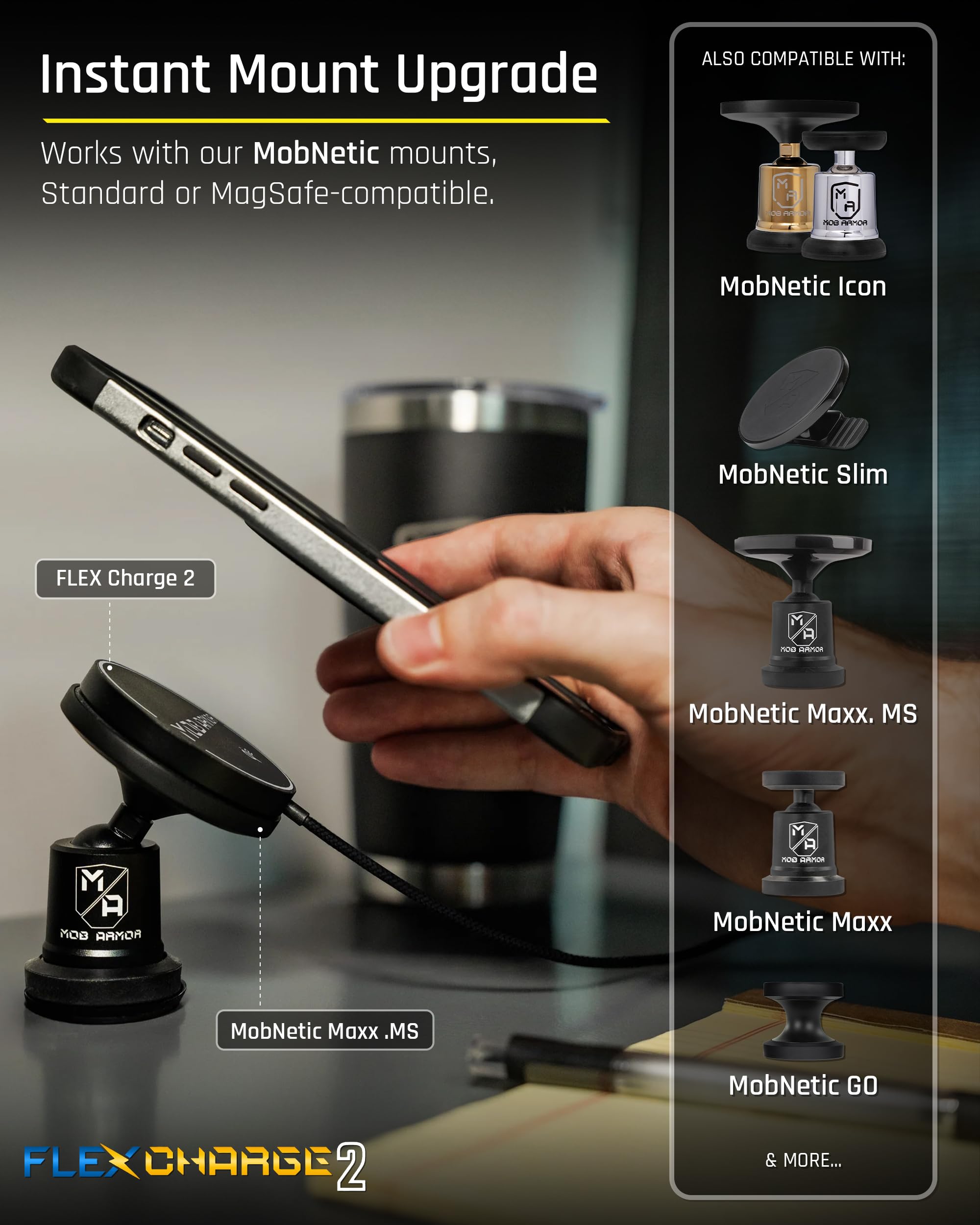 Mob Armor Flex Charge 2 – Qi2 & Magnet Caricatore per auto, stazione di ricarica wireless per iPhone e Android