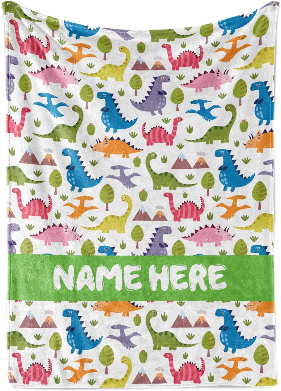 Personalized Corner Custom Blue Dinosaur Fleece Throw Blanket for Kids - Boys Girls Baby Toddler Infants Blankets for Bed (30x40 Inches)
