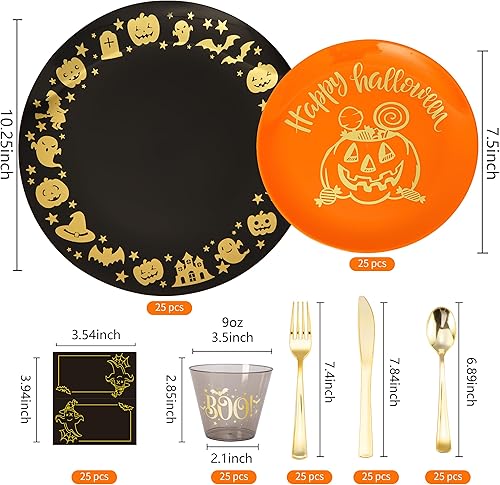 Miniatura 3 de Juego de vajilla desechable de 175 piezas de platos de plástico para fiestas, platos de cena negros, platos de postre naranja calabaza, tazas negras