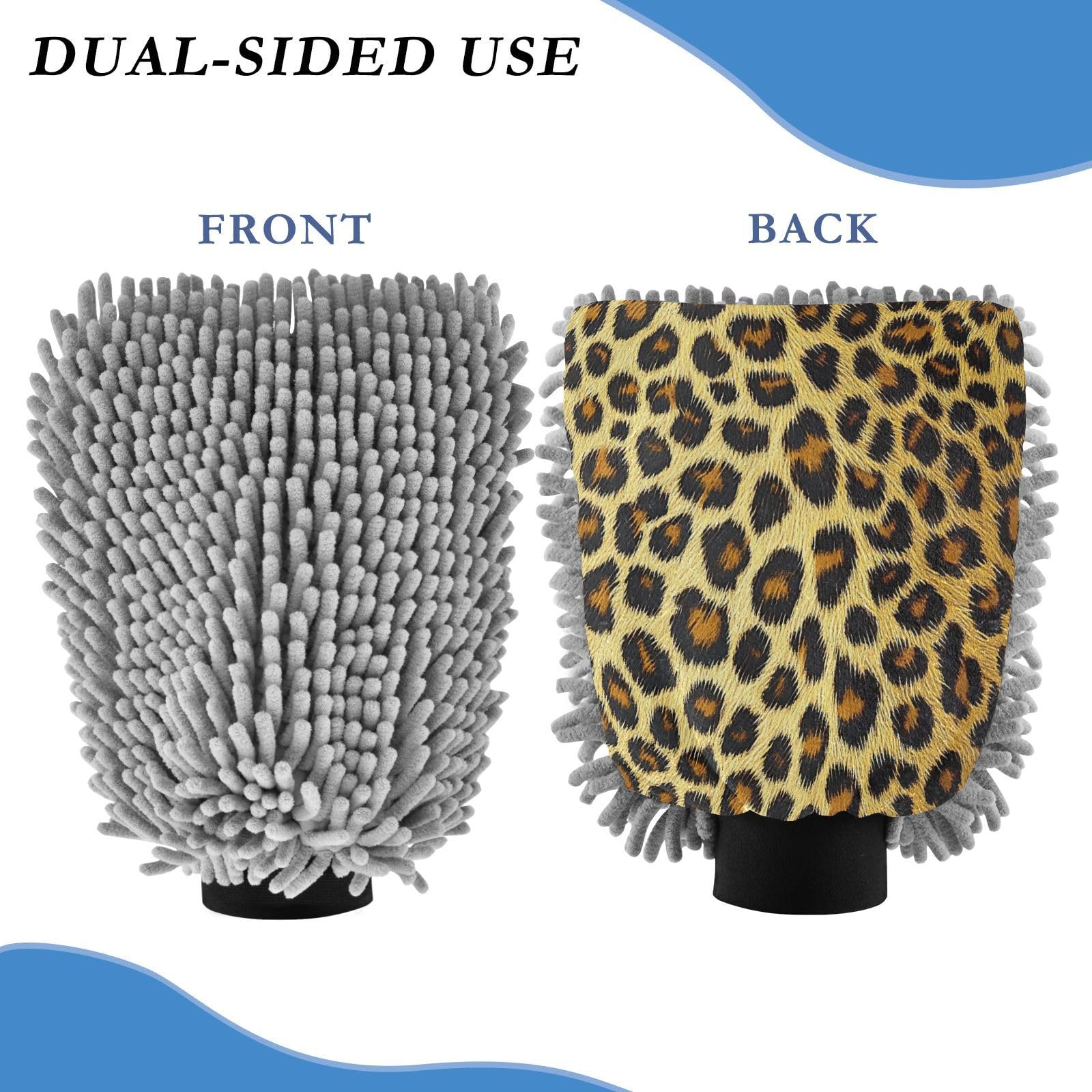 STAYTOP Leopard Print Pattern Car Wash Mitt Microfiber, 2Pcs Scratch Free Lint-Free, Premium Chenille Microfiber Mitt Car Wash Brush-M