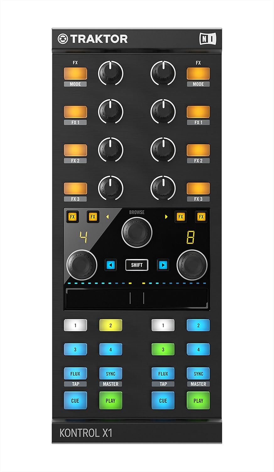ടോപ്പ് ഡൗൺ view of the Traktor Kontrol X1 MkII DJ Controller.