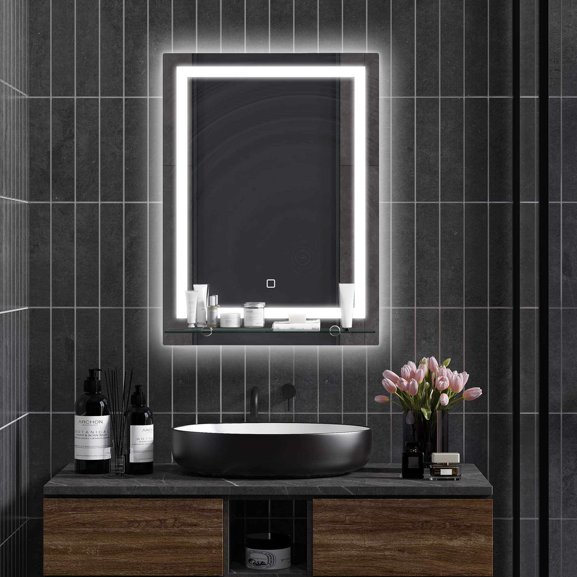 kleankin Specchio per Bagno a Luci LED a 3 Colori Regolabili con Mensola in Vetro, Specchio Illuminato con Funzione a Memoria in Alluminio e Vetro Temperato, 50x12x70 cm, IP44, Argento