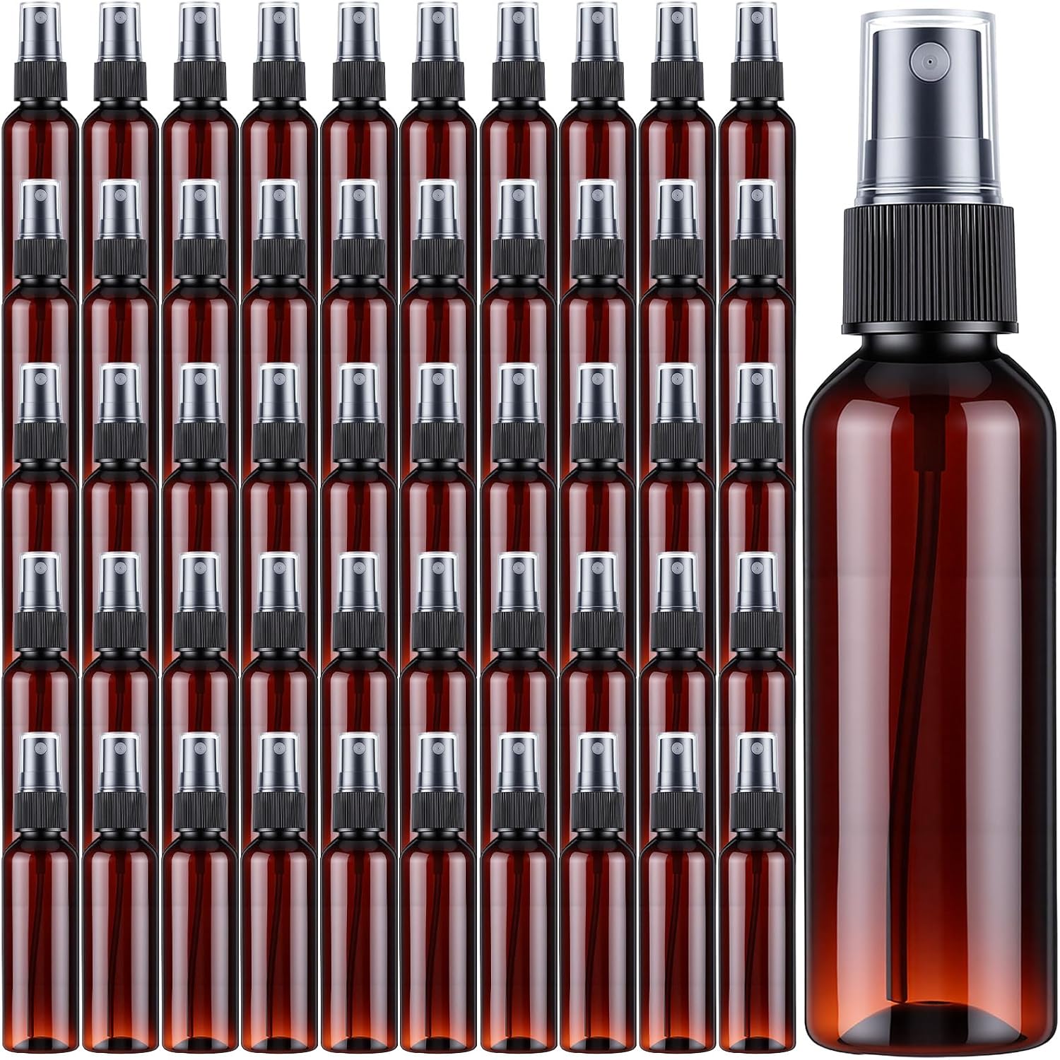 Lemecima 50 Pack 2 Oz Amber Plastic Spray Bottles, Reusable Refillable Empty Mist Sprayers for Travel, Essential Oils, Hair Care, Cleaning Solutions and Household Use