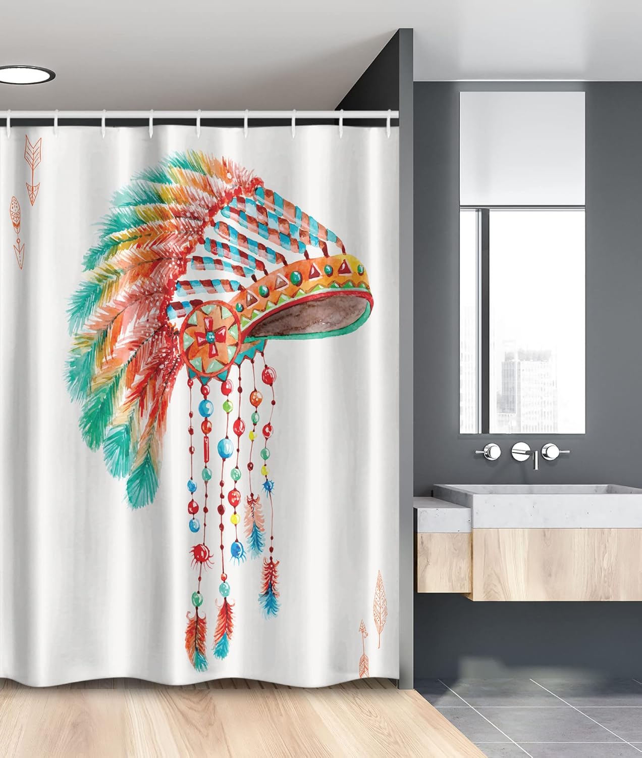 Ambesonne American Stall Shower Curtain, Watercolor Tribal Native Chief Headdress with Feathers Beads Arrow Print, Fabric Bathroom Decor Set with Hooks, 54" W x 78" L, Orange Blue