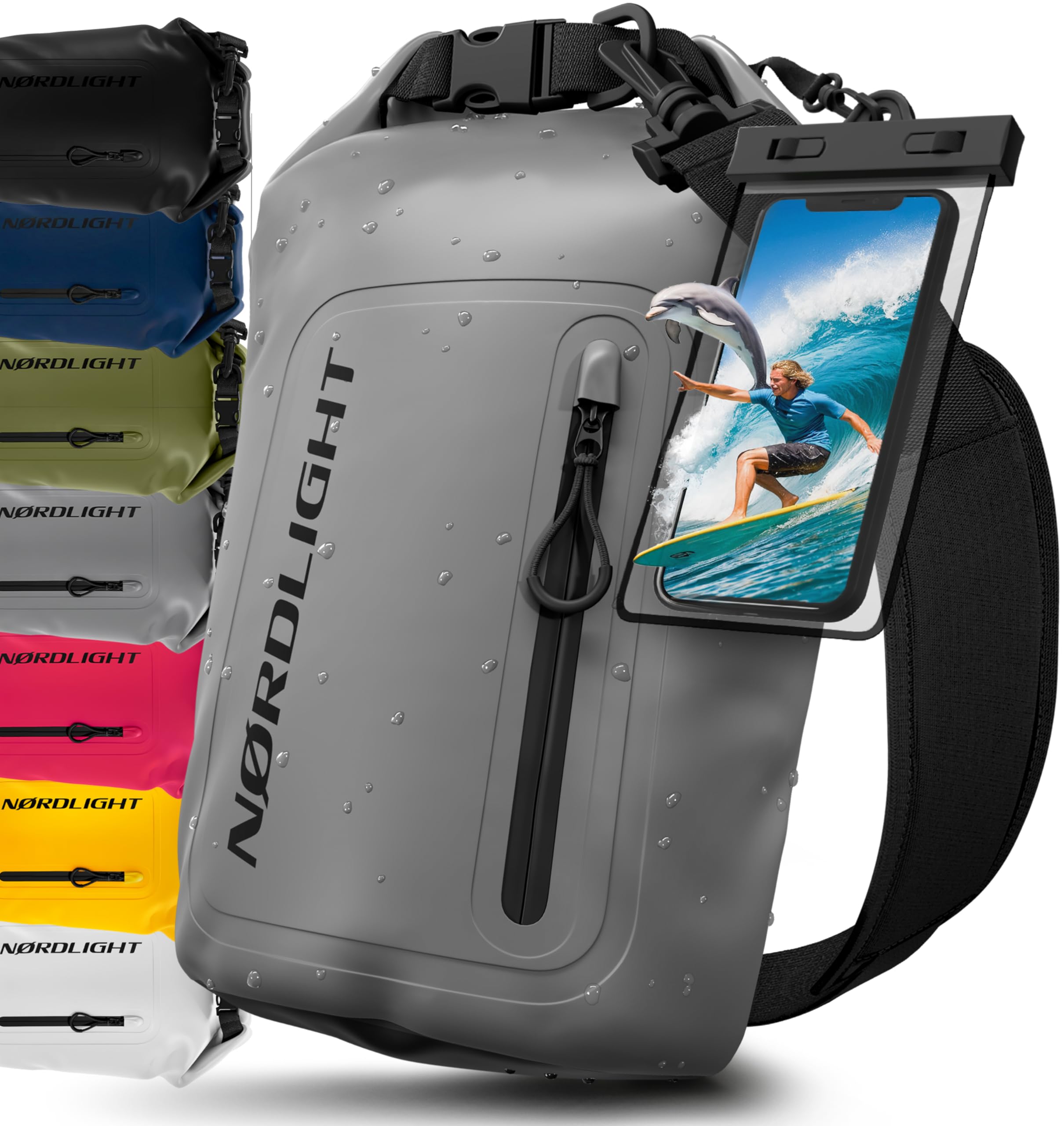 Nordlight Dry Bag wasserdichte Tasche mit Handyhülle + Roll-Top, Schultergurt | Drybag wasserfester Rucksack Beutel Packsack Seesack Wassersack Wetbag | Baden Schwimmen Strand SUP – Grau, 10 Liter
