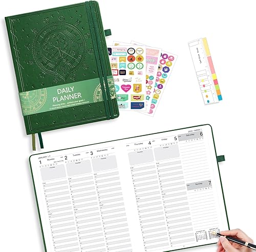 Ospelelf Agenda semanal y mensual de cuero verde 2024, 8.5 x 11 pulgadas, calendarios 2024, agenda de 12 meses, con calcomanías, bolsillo trasero,