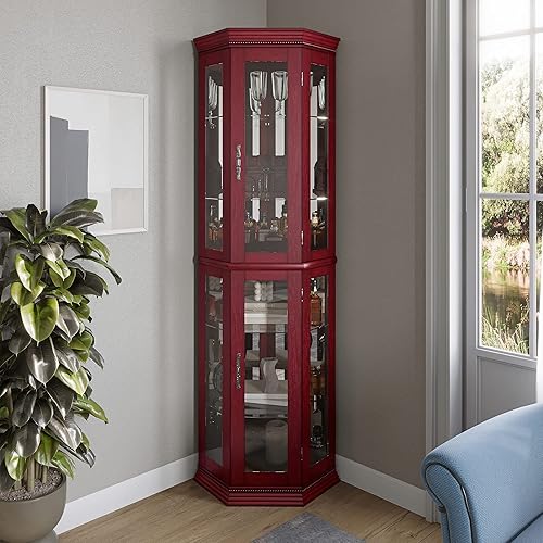 BELLEZE - Vitrina esquinera con iluminación, puerta de vidrio templado y estantes, 2 colores (cerezo y nogal) Cereza,Negro -,Roble,Nuez,Blanco