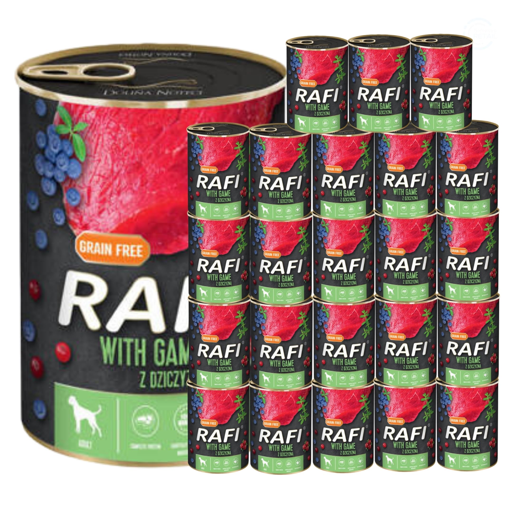 Rafi Complete Wet Dog Food: Meat & Natural Ingredients, Grain-Free, Immune-Boosting Superfoods in Every Flavour! Healthy & Tasty Nutrition for All Breeds! (Game, 24x400g)