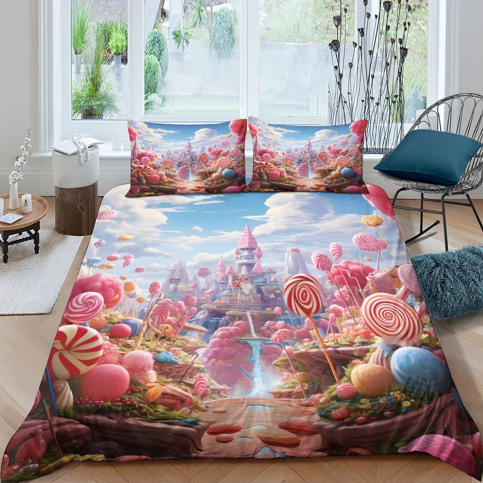 Fantasia di Candyland Impressione 3D 3 pz cover piumone Stile artistico fantasy coperteletto microfibra ipoallergenica zip per bambini uomini adulti Super king（260x220cm）
