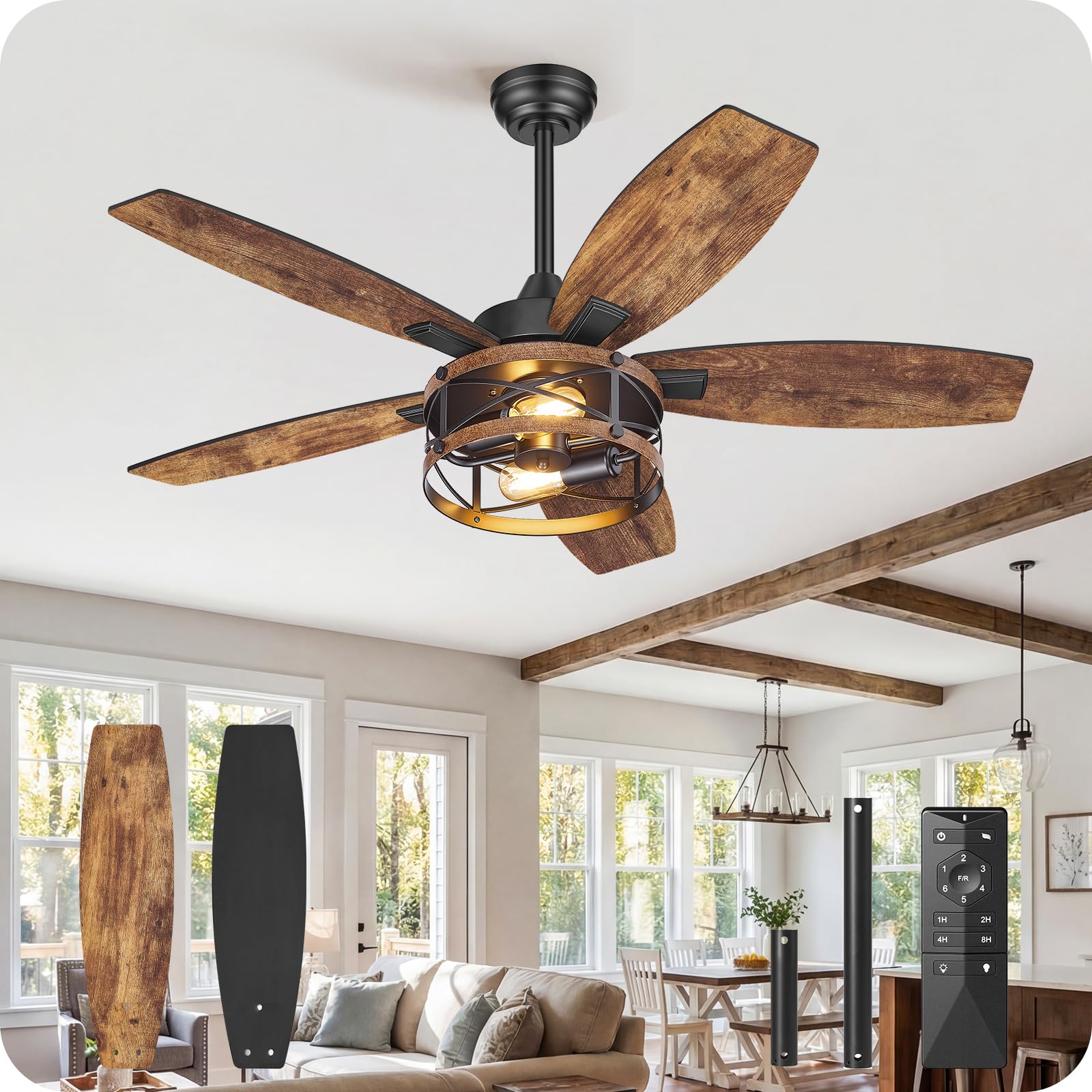 42 Inch Farmhouse Ceiling Fan with Lights and Remote, Timer, Dual Finish 5 Blades (Rustic Brown and Black), 6 Speeds, Reversible DC Motor, Rustic Brown Caged Ceiling Fan for Bedroom B04CF4205