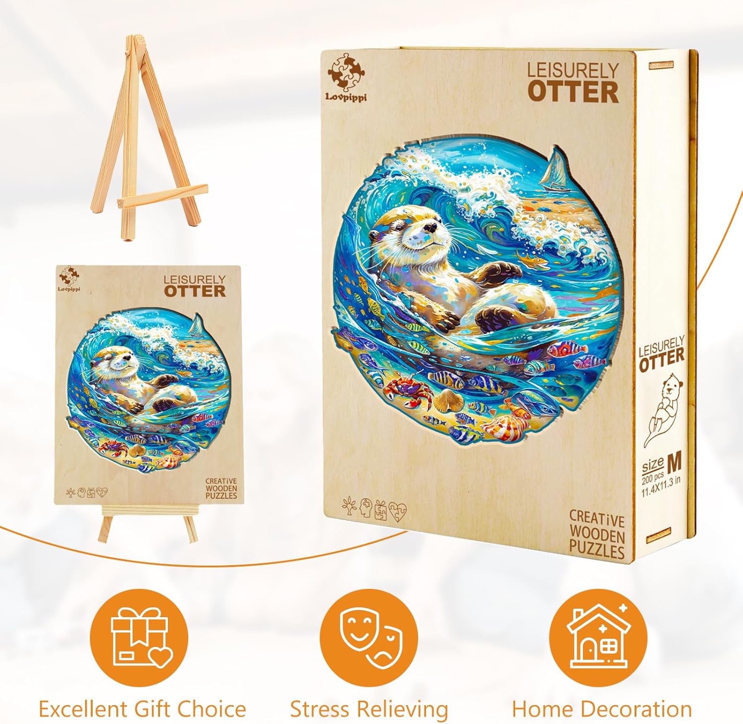 Wooden Puzzles for Adults, Leisurely Otter Wood Puzzles Adult, Unique Animal Shaped Wooden Jigsaw Puzzle, Creative Birthday Gifts for Friends/Family/Puzzle Lovers, Home Decor(M-11.4 * 11.3n 200pcs)