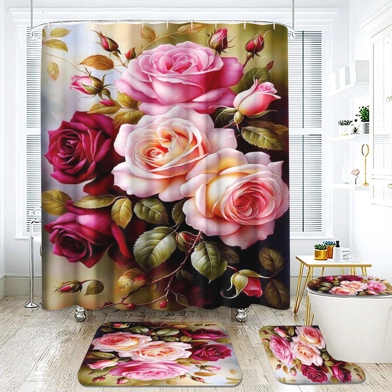 Fadaing Rose Shower Curtain 180 x 200 cm 180 x 180 cm Flower Shower Curtains Waterproof Polyester Blooming Roses Shower Curtain Bathroom Mat 4-Piece Set (180 x 180 cm, 3)