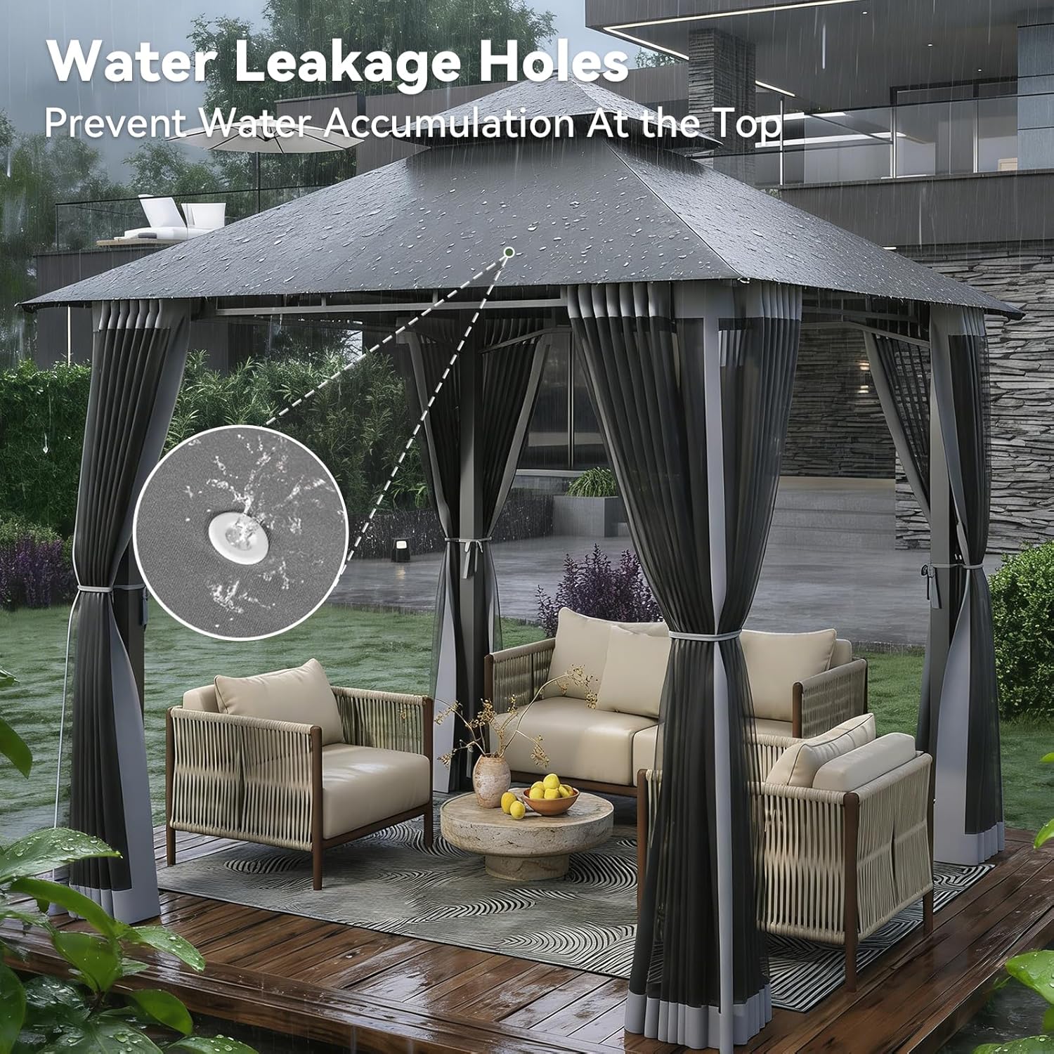 Aoxun 8x8 Gazebo with Double Roof & Mosquito Netting Outdoor Heavy-Duty Party Tent, Patio Tent with Zipper Screens - Backyard Garden Lawn Shelter Includes Wind Ropes Expansion Bolts, Gray