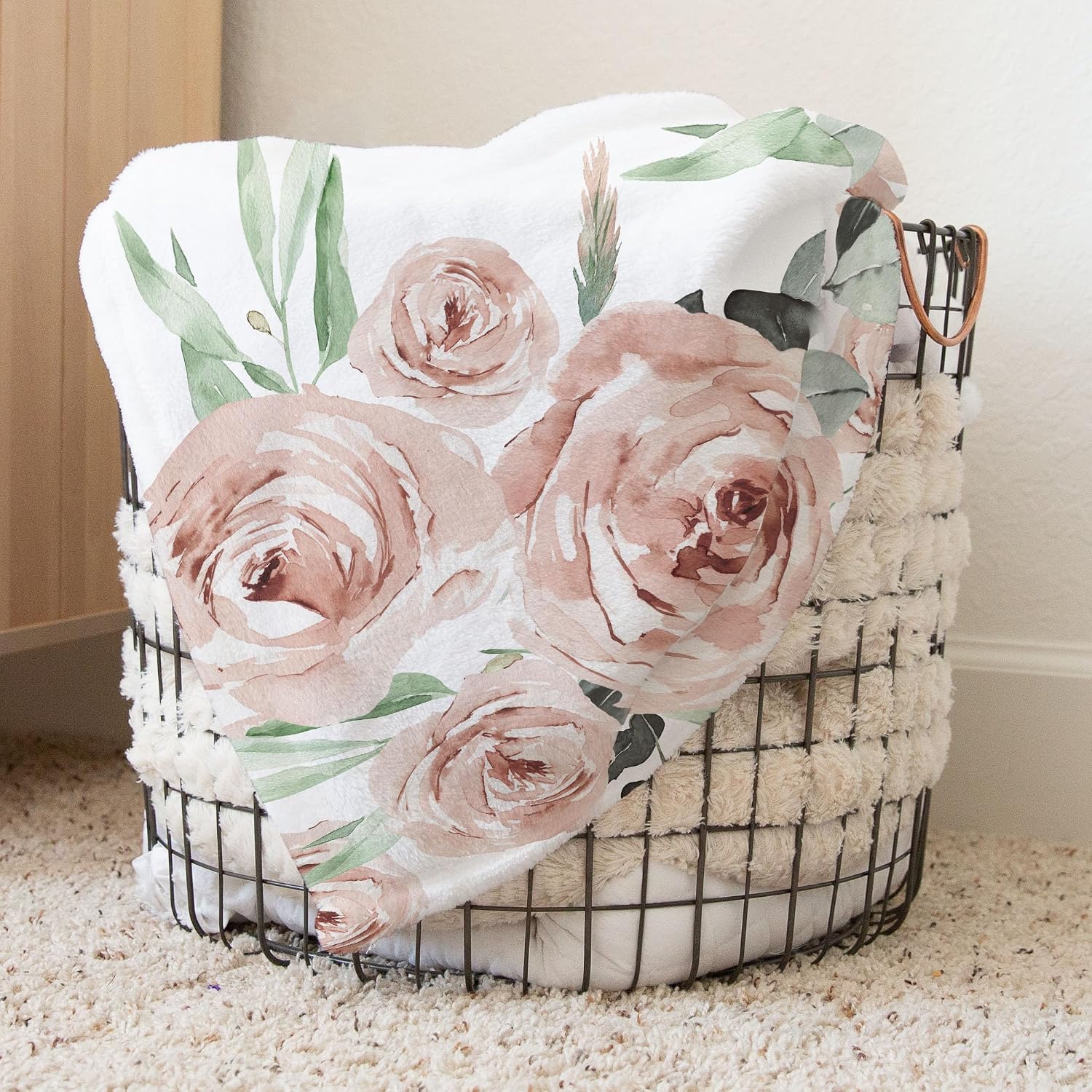 Floral Soft Pink Rose Personalized Baby Girl Blanket, Custom Name Gift (50 x 60 Toddler/Kids), BB-01