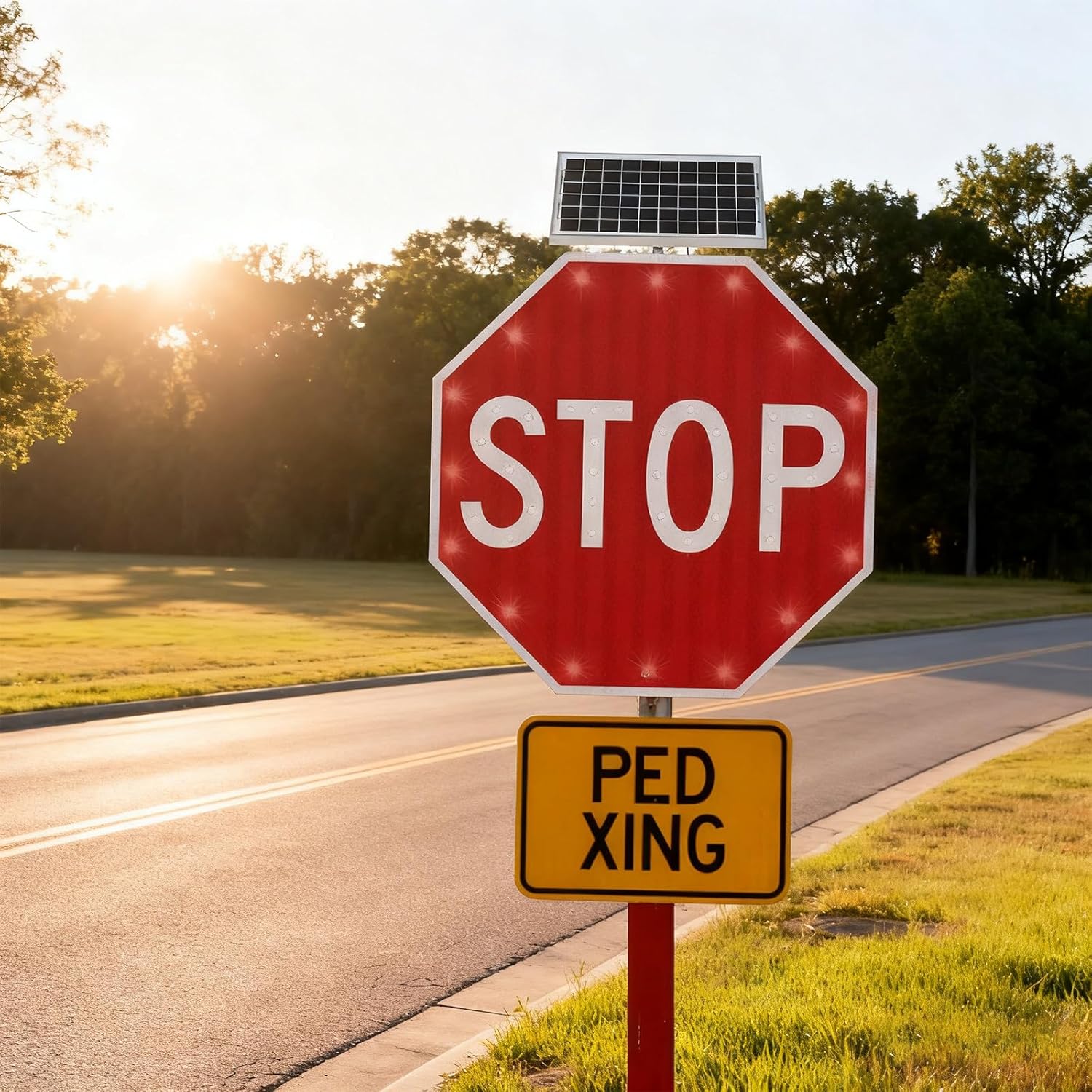 30" Solar LED Stop Sign - Solar Powered Blinking Traffic Warning Sign, Waterproof Aluminum Lighted Road Safety Signal, IP65 Rated for Outdoor Use