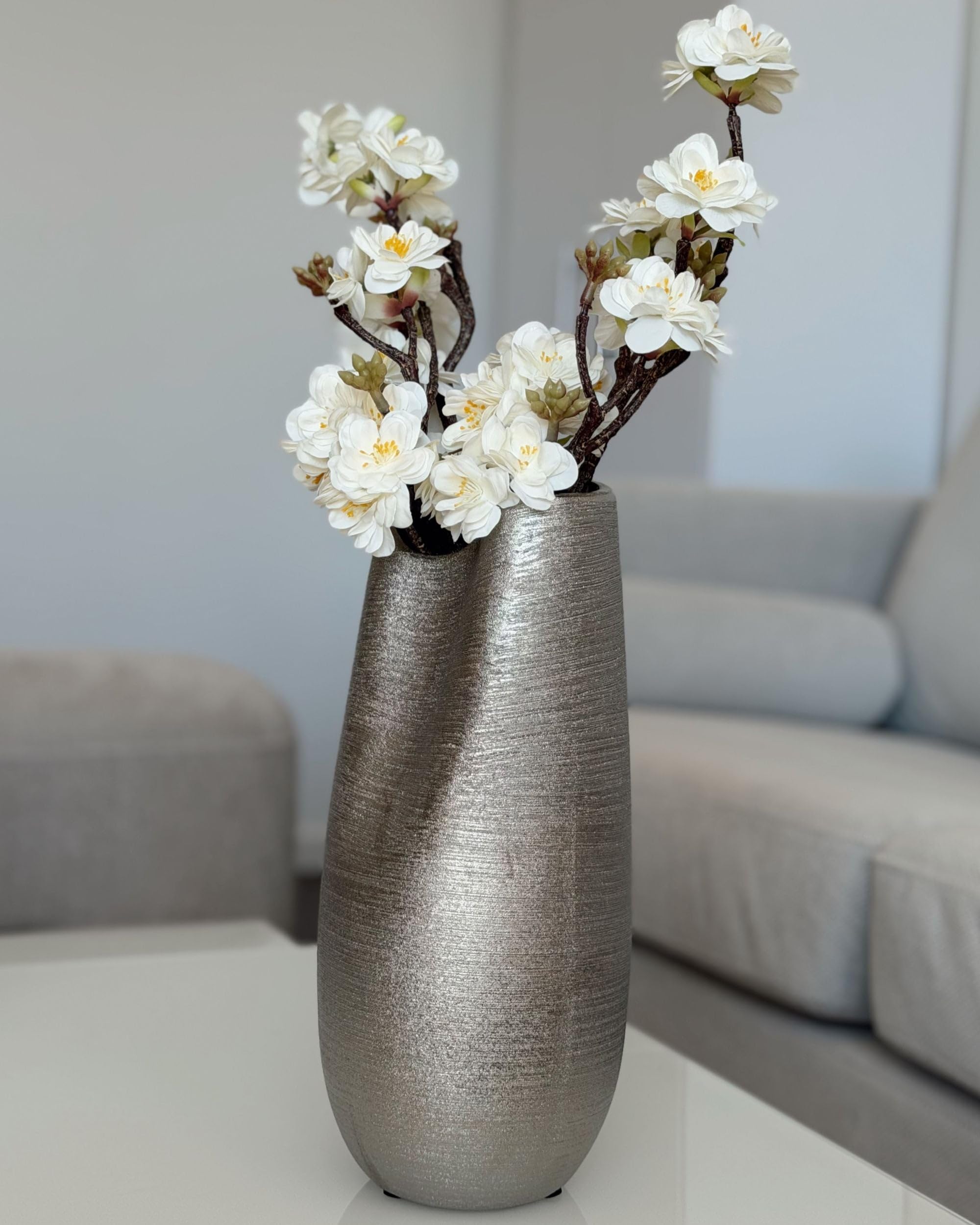 Jarrón decorativo de mesa de gres plateado 32 cm glam