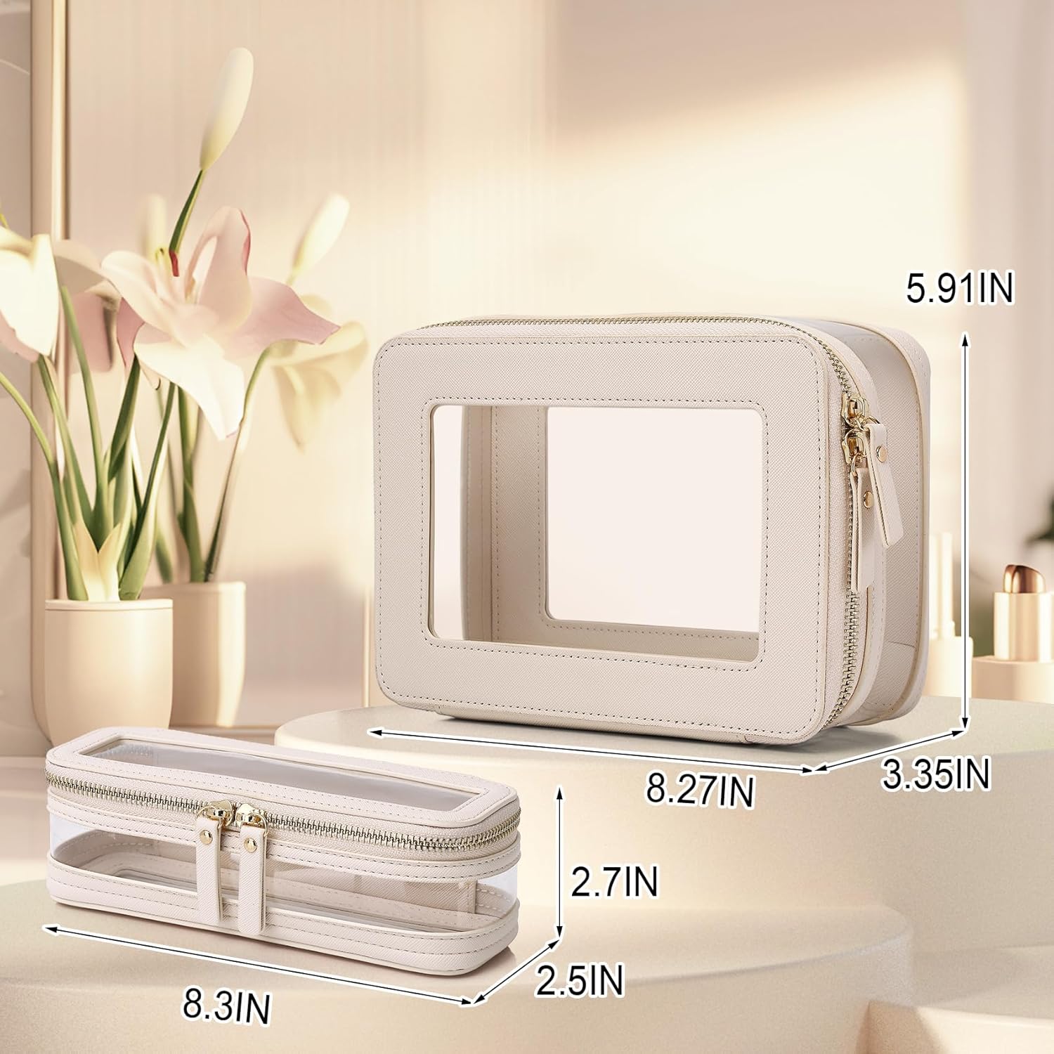 Pinkmik Clear Makeup Bag with Brush Case Travel Toiletry Bag Waterproof Cosmetic Organizer Car Essentials for Women (B/Beige, SLIM+M) - Image 4