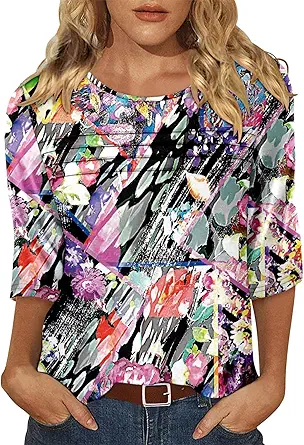 KISSMODA Women's Casual 3/4 Sleeve T-Shirts Round Neck Cute Tunic Tops Basic/Pleated Summer Tops Trendy Spring Blouses