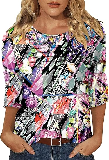 KISSMODA Women's Casual 3/4 Sleeve T-Shirts Round Neck Cute Tunic Tops Basic/Pleated Summer Tops Trendy Spring Blouses