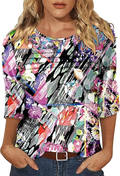 KISSMODA Women's Casual 3/4 Sleeve T-Shirts Round Neck Cute Tunic Tops Basic/Pleated Summer Tops Trendy Spring Blouses