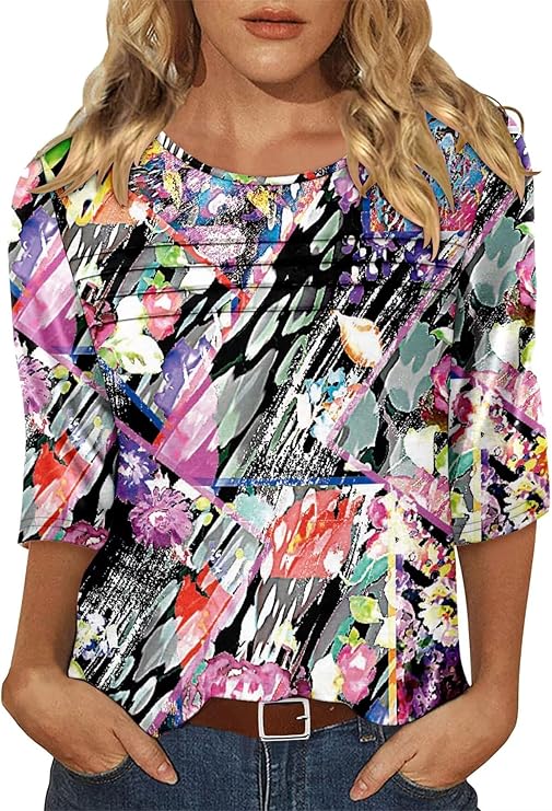 KISSMODA Women's Casual 3/4 Sleeve T-Shirts Round Neck Cute Tunic Tops Basic/Pleated Summer Tops Trendy Spring Blouses
