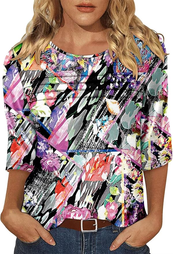KISSMODA Women's Casual 3/4 Sleeve T-Shirts Round Neck Cute Tunic Tops Basic/Pleated Summer Tops Trendy Spring Blouses
