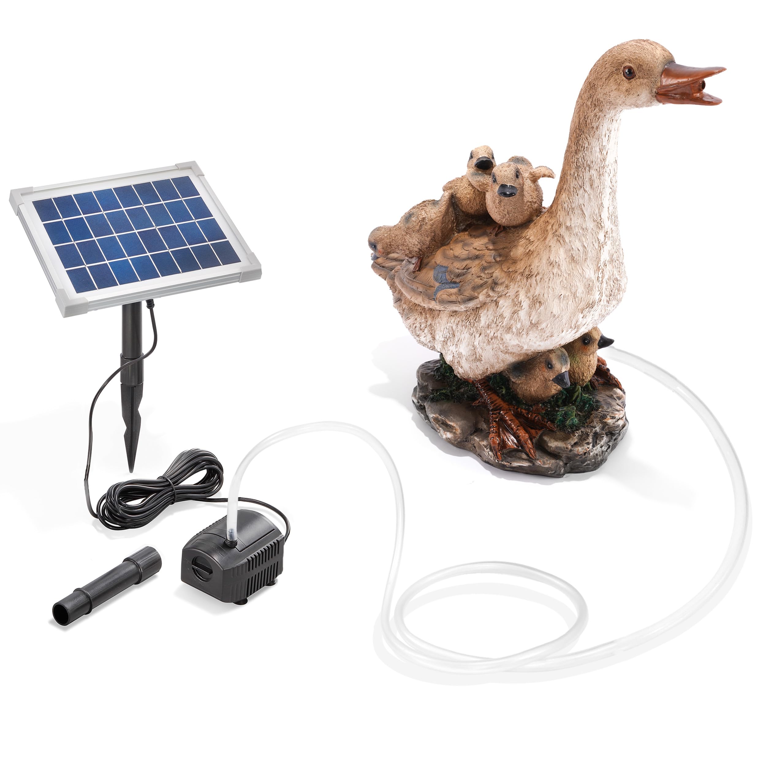 Esotec Solar Wasserspeier Komplettset, Gans mit Küken, Gartenteich Wasserspiel, Vogeltränke, Vogelbad, Gartenbrunnen mit Solarpumpe, H=38,5cm 101669