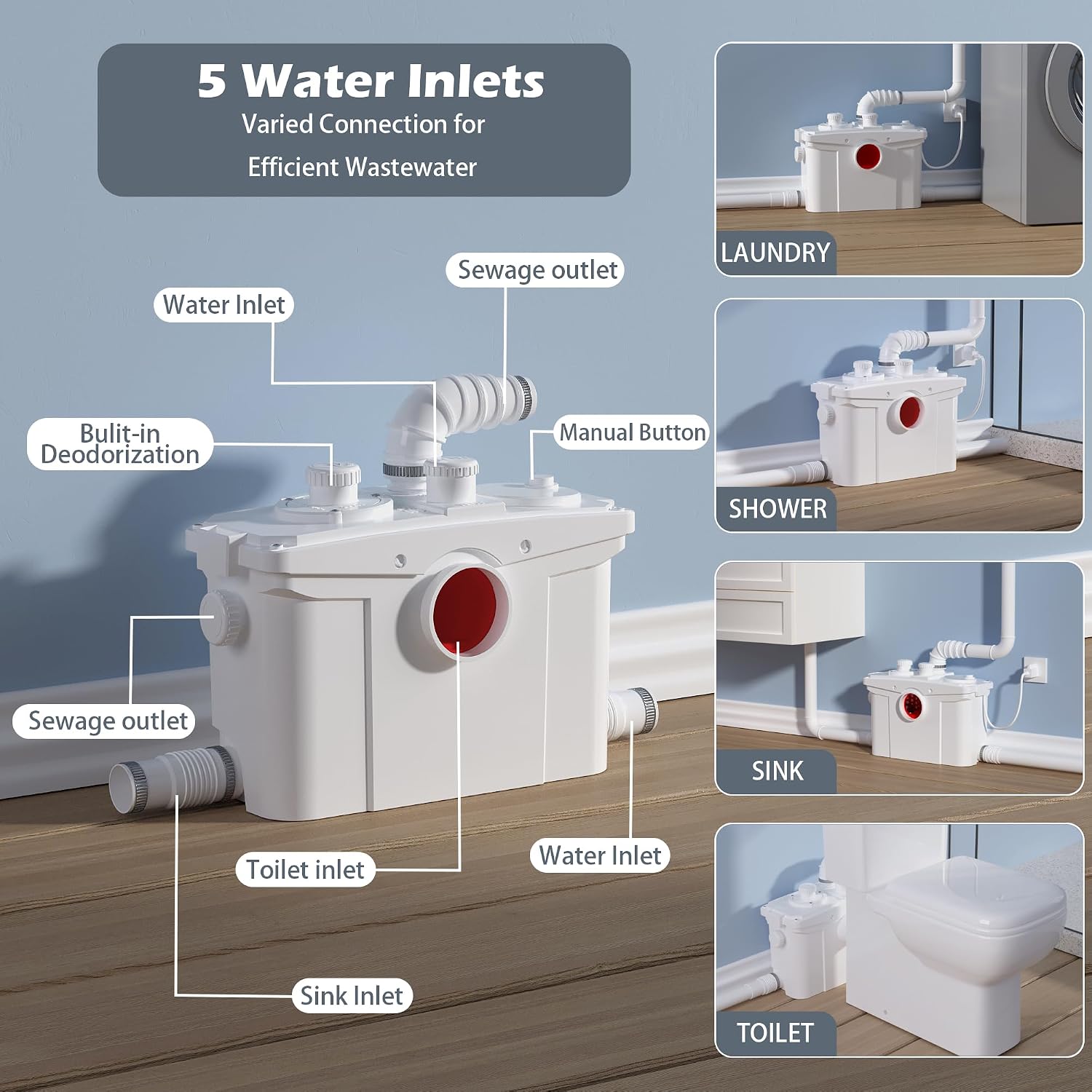 WinZo Upflush Toilet System for Basement, Elongated Square One-Piece Rear Outlet, Dual Flush 1.1/1.6 GPF, 17 Inch Comfort Seat Height,White (700W Toilet with Pump)