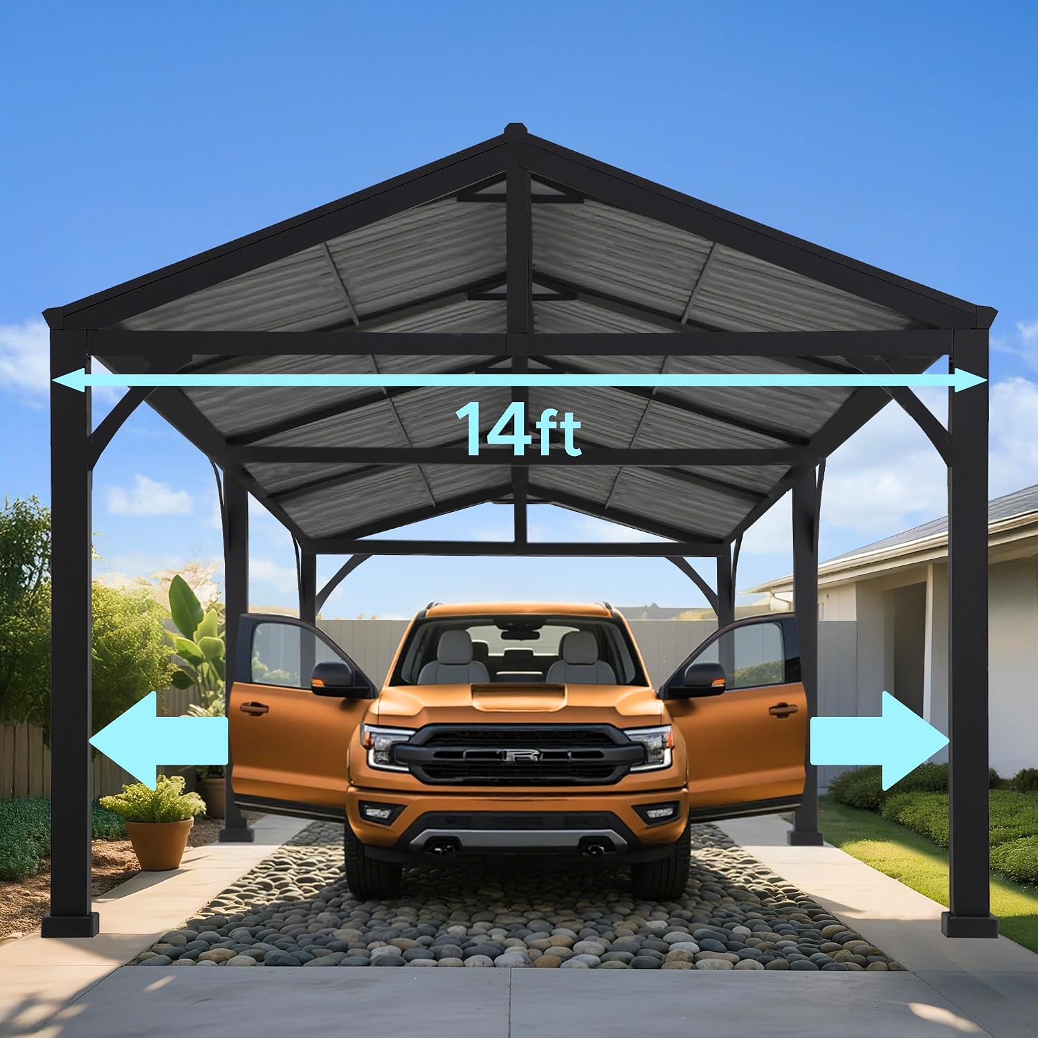 AutoCove 20 ft. x 14 ft. Heavy Duty Carport Garage Car Shelter, Outdoor Gazebo with Brown Polycarbonate Gable Roof and 2 Ceiling Hooks,Black